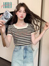 Halo Queen短袖T恤女2025夏圓領(lǐng)黑白條紋休閑打底短袖上衣女H52T027 曬單實(shí)拍圖