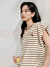 茵曼（INMAN）休閑撞色條紋T恤2025夏季女裝新款小飛袖顯瘦寬松百搭上衣 駝色米白條 L 曬單實(shí)拍圖