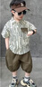 G.DUCKKIDS童裝男童套裝夏季新款兒童衣服夏天中小童條紋襯衫短袖夏裝服裝 軍綠色襯衫三件套 100 【建議2-3歲】 曬單實(shí)拍圖