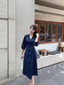 香影掐腰襯衫連衣裙女2025秋季新款燈籠袖圍裹式藏青色v字翻領(lǐng)裙 藏青 S 曬單實(shí)拍圖