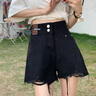延芮黑色毛邊牛仔短褲女夏季2025新款雙扣設計感高腰寬松a字闊腿 黑色 QGQ2047 M 【100-110斤】 曬單實(shí)拍圖