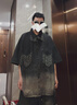 UUCSCC嘻哈潮牌復(fù)古做舊五分袖牛仔襯衫日系寬松vintage短袖襯衣 黑色 S  90-110斤 曬單實拍圖