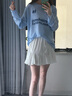 粉媚夢長袖t恤女潮流夏季衣服女裝夏裝新款2025t恤衫上衣半袖正肩罩衫 鏤空長袖印花針織t恤罩衫藍色 均碼 曬單實拍圖