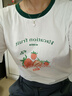 初申 復古印花短袖T恤女寬松百搭撞色拼接圓領(lǐng)上衣S121T168 米白色草莓 S 曬單實(shí)拍圖