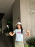 MMLG 87mm 短袖t恤女夏季新款正肩修身顯瘦韓系潮牌百搭短款上衣女 淺藍(lán)色 S 曬單實(shí)拍圖