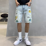 2025新款男士牛仔短褲夏季潮流印花修身中褲子時(shí)尚百搭帥氣五分褲 藍色 L 建議【115斤-125斤】 曬單實(shí)拍圖
