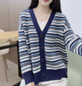 皮爾卡丹（pierre cardin）春季外套女2025新款寬松條紋針織開衫春秋短款小個(gè)子長(zhǎng)袖毛衣外搭 咖色條紋 M 90-110斤 曬單實(shí)拍圖