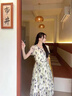AEMAPE杭州高端桑蠶絲寬松氣質(zhì)短袖長裙女夏季女神范印花減齡真絲連衣裙 米底黑花 L  建議100-115斤 曬單實拍圖