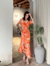 蔻伊婭（Kouyiya）品牌女裝新品復(fù)古收腰扎染印花連衣裙女裝荷葉邊魚尾包臀裙女 橘花色 M 曬單實拍圖