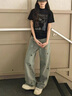 LDBE美式復(fù)古小狗刺繡高腰闊腿牛仔褲女夏季2025新款寬松顯瘦直筒褲子 復(fù)古藍(lán) M 曬單實(shí)拍圖