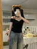 佐敘純欲一字肩掛脖短袖女2025新款辣妹收腰修身顯瘦別致小眾黑色上衣 黑色 L （95-105斤） 曬單實拍圖
