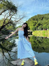 小野七天抹胸吊帶連衣裙夏藍色格紋海邊度假氣質(zhì)高級感吊帶無袖長裙 【藍色 裙子+頭巾】 S 曬單實拍圖