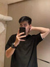 安初夏假兩件短袖t恤男微胖穿搭高級(jí)感套裝搭配夏季大碼冰絲彎刀褲子 兩件套【黑色T恤+米白色彎刀褲】 XL 135-150斤可穿 曬單實(shí)拍圖