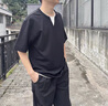 海上公路肌理感假兩件V領(lǐng)短袖T恤男士夏季撞色寬松休閑通勤上衣服 黑色 XL 曬單實(shí)拍圖