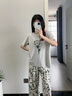 浪莎（LangSha）睡衣女秋季100%純棉短袖長褲可外穿帶胸墊家居服女款套裝全棉 淺灰玫瑰 【100%純棉】 L 建議體重100-120斤 曬單實拍圖