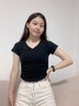 山朵棉v領(lǐng)白色短袖t恤女夏新款純棉緊身顯瘦褶皺設(shè)計(jì)感小眾別致正肩上衣 黑色 S 曬單實(shí)拍圖