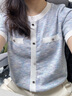 百圖betu女裝2025春夏新款毛針織衫小香風薄款短袖針織衫女2502T09 淺蘭 L 曬單實拍圖