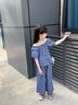 諾佳微淇女大童夏季短袖休閑套裝2025新款洋氣夏裝娃娃衫女孩闊腿褲兩件套 藍(lán)色 160 曬單實(shí)拍圖