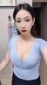 勤記低胸上衣性感大碼胖mm斤大碼修身短款交叉V領(lǐng)顯胸上衣性感小衫顯 藍色 M碼建議100斤內 均碼 曬單實(shí)拍圖
