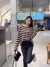 NICOLEJOLIE100%純棉2025夏季新款女針織T恤衫條紋寬松毛衣圓領(lǐng)長袖拼色上衣 咖色 JXSDY-BM859 L 曬單實(shí)拍圖