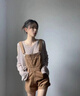 SNYDER WEAR夏季新款女套裝鏤空露肩防曬衫+可鹽可甜牛仔背帶褲休閑闊腿短褲 杏色上衣+卡其色背帶褲 S 建議80-100斤 曬單實拍圖