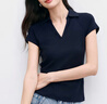伊芙麗（eifini）伊芙麗2025夏季新款女裝V領(lǐng)Polo上衣高彈修身插肩短袖T恤 藏青 M 曬單實(shí)拍圖