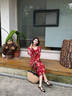 MISS YINER2025夏季新款茶歇碎花法式荷葉邊輕松度假氛圍感吊帶開衩碎花裙 紅色連衣裙 S 建議80-100斤 曬單實拍圖