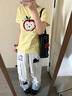 LDBE美式高街格子翻邊口袋工裝牛仔褲女夏季小狗刺繡寬松直筒闊腿長褲 白色 S 曬單實拍圖