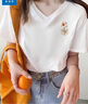 真維斯（JEANSWEST）v領(lǐng)t恤女2025夏季新款純棉短袖女韓版潮流小個子寬松正肩短袖上衣 白色 毛絨花口袋_K_ M 曬單實(shí)拍圖