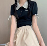 LDBE拼接格子翻領短袖t恤女夏季韓系學院風設計感小眾修身顯瘦上衣潮 黑色 M 【90-100斤】 曬單實拍圖