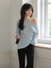 mt【幽蘭拿鐵】春季氣質(zhì)莫蘭迪不規則坑條露肩斜領(lǐng)慵懶風(fēng)長(cháng)袖女t恤 曬單實(shí)拍圖