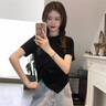 何佳功短袖t恤女寬松韓版ins設(shè)計感圓領(lǐng)百搭時尚不規(guī)則肚子純色上衣女裝 黑色 M 【建議80-100斤】 曬單實拍圖