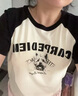 太平鳥女裝T恤短袖夏季插肩袖美式復(fù)古小狗圖案上衣 黑色 L 曬單實拍圖