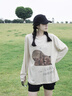 Henny Rue長袖t恤女寬松長款大版上衣可愛小熊插畫聯(lián)名印花棉質(zhì)女士打底衫 彩虹屁熊 曬單實(shí)拍圖