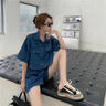 減齡氣質(zhì)設計感牛仔套裝女2025夏季薄款五分袖襯衫外套短褲兩件套 藍色牛仔外套襯衫短褲兩件套 S 曬單實(shí)拍圖