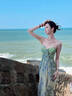 MISS YINER法式絕美吊帶長(zhǎng)裙海邊度假綠色印花連衣裙海島裙三亞拍照沙灘裙子 半城綠樹 S 曬單實(shí)拍圖
