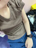 日著設(shè)計師女裝2024夏季新款拼接鏤空修身短袖上衣彈力棉針織T恤 影咖 S 曬單實拍圖