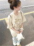 一寸相思純棉杏色短袖t恤女2025新款爆款夏季時(shí)尚貓咪卡通印花上衣體恤潮 杏色-小貓與字母 L (100-110斤） 曬單實(shí)拍圖