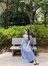 棉致法式絕美娃娃領(lǐng)格子連衣裙女夏季2025新款小清新氣質(zhì)遮肉長裙子 藍(lán)色 L 106-115斤 曬單實拍圖