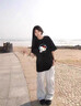 魯雅爾 黑色卡通貓咪短袖t恤女夏季新款寬松百搭胖MM顯瘦潮流半袖上衣服 黑色 L 曬單實(shí)拍圖