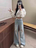 憶思減蕾絲鏤空破洞闊腿牛仔褲女夏秋季薄款2025新款燙鉆窄版高腰直筒褲 淺藍色-長褲 M 建議95-105斤 曬單實拍圖