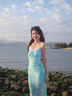 瑜尚臻品印花網(wǎng)紗吊帶連衣裙女夏海邊度假純欲V領(lǐng)性感魚尾拼接包臀長裙 【綠色】M（85-100斤） 曬單實拍圖