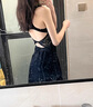 斤慕法式辣妹性感修身連衣裙女2025新款后背鏤空蕾絲吊帶a字短裙七夕 黑色M【帶胸墊】 曬單實拍圖