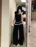 LDBE設計感蕾絲花邊拼接闊腿褲女夏季2025新款寬松高腰直筒黑色長褲潮 黑色 XL 曬單實拍圖