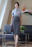 法舒琳藍色套裝女短袖夏職業(yè)正裝教師穿搭公務員服裝事業(yè)編面試套裝 藍色蝴蝶結上衣+灰色直筒裙【套 M 建議92-105斤 曬單實拍圖