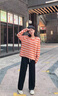 NICOLEJOLIE100%純棉2025夏季新款女針織T恤衫條紋寬松毛衣圓領(lǐng)長(zhǎng)袖拼色上衣 橘色 JXSDY-BM859 XL 曬單實(shí)拍圖