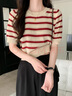 KAHTOP2025夏新款復古冰絲條紋針織短袖T恤女高腰寬松泡泡袖短款上衣TXT 紅色 均碼 【75斤-120斤】 曬單實(shí)拍圖