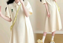 苒祺祺孕婦連衣裙夏款2025新款大碼寬松刺繡夏季長裙薄款孕期夏裝裙子 米杏色 XXL 曬單實拍圖