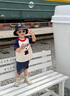 G.DUCKKIDS小黃鴨童裝親子裝一家三口短袖T恤全家服拍照沙灘親子外出服夏裝 藍杏拼 90 尺碼建議1~2歲 曬單實拍圖