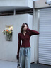 佐敘酒紅色辣妹v領(lǐng)長(zhǎng)袖內(nèi)搭打底衫女春秋2025修身緊身收腰正肩t恤上衣 酒紅色 L （90-105斤） 曬單實(shí)拍圖